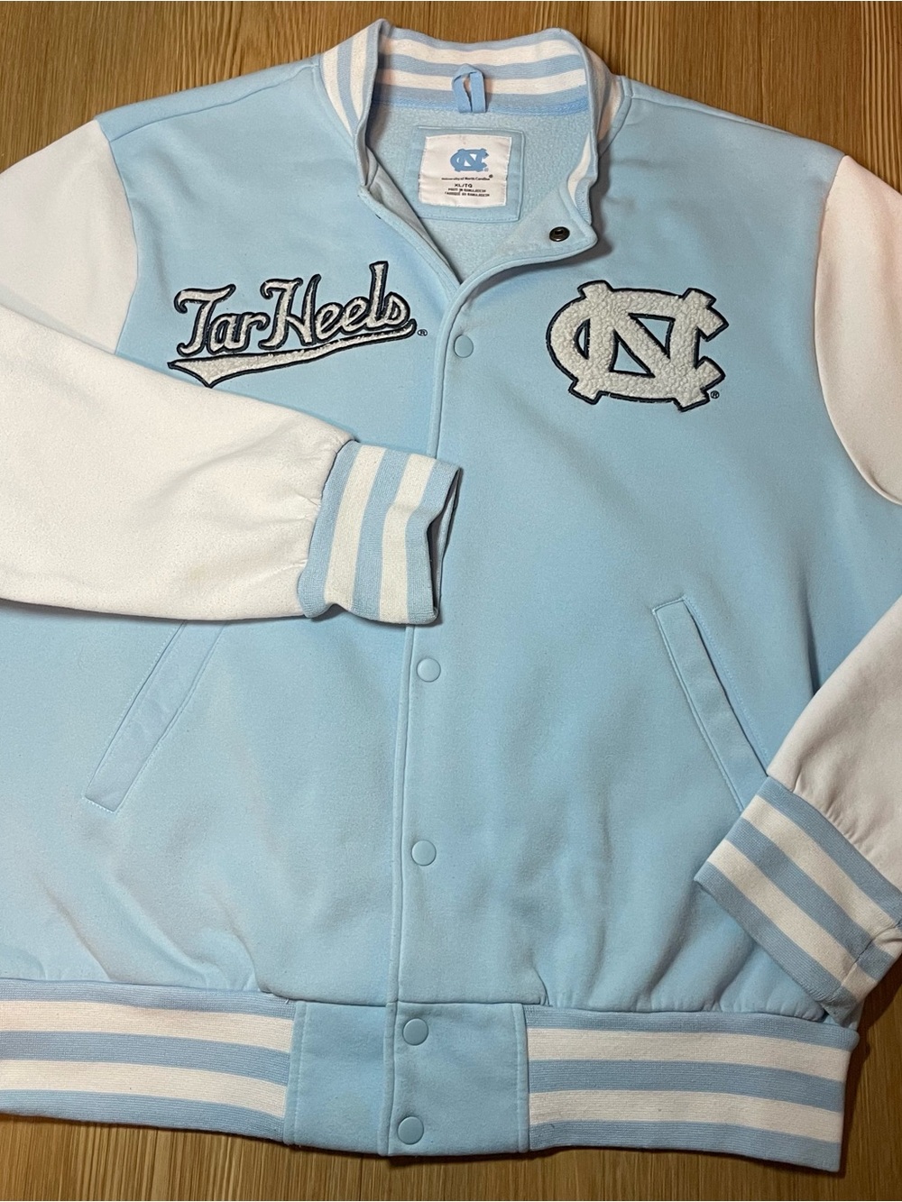 UNC Tar Heels Fleece Varsity Letterman Jacket Light Blue White Mens XL
